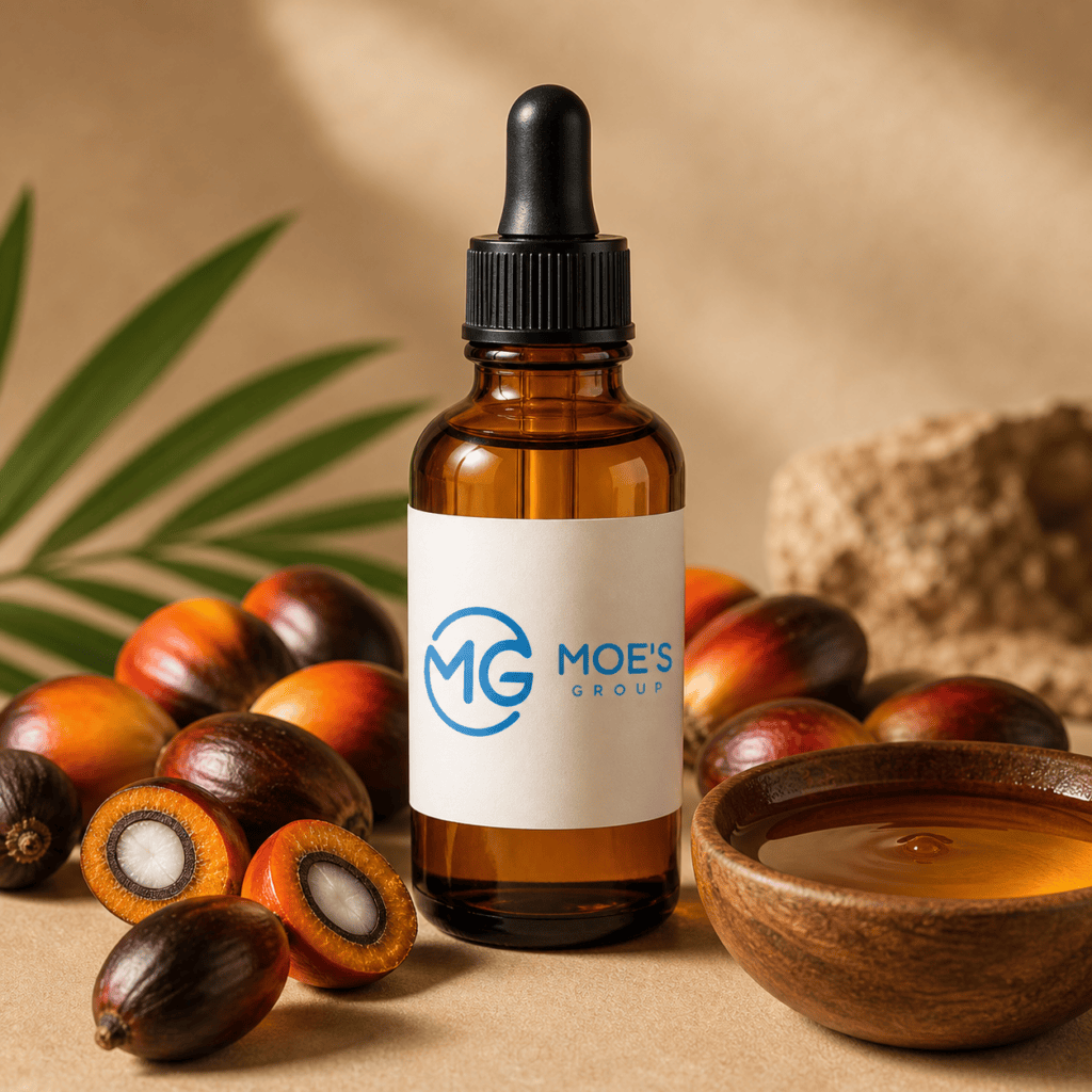 Bottle of pure batana oil with dropper surrounded by fresh American palm fruit and raw batana butter – Moes Group private label skincare manufacturing