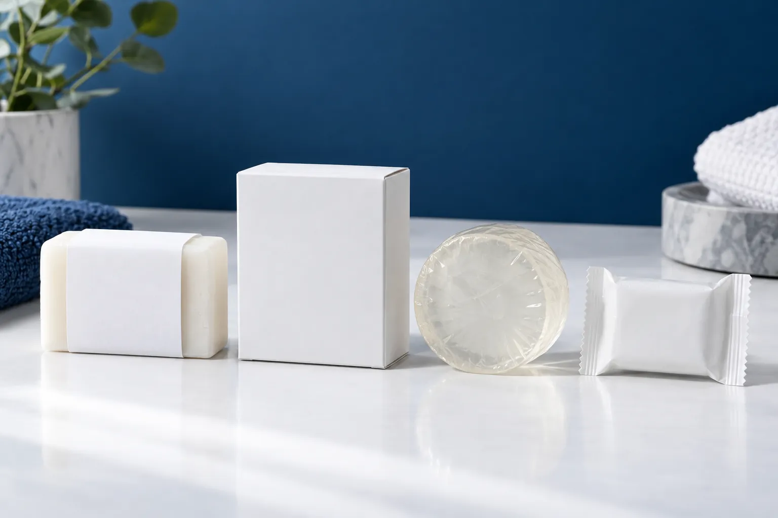 Illustration of blank soap packaging: paper band wrap, white carton, shrink-wrapped clear bar and small hotel bar