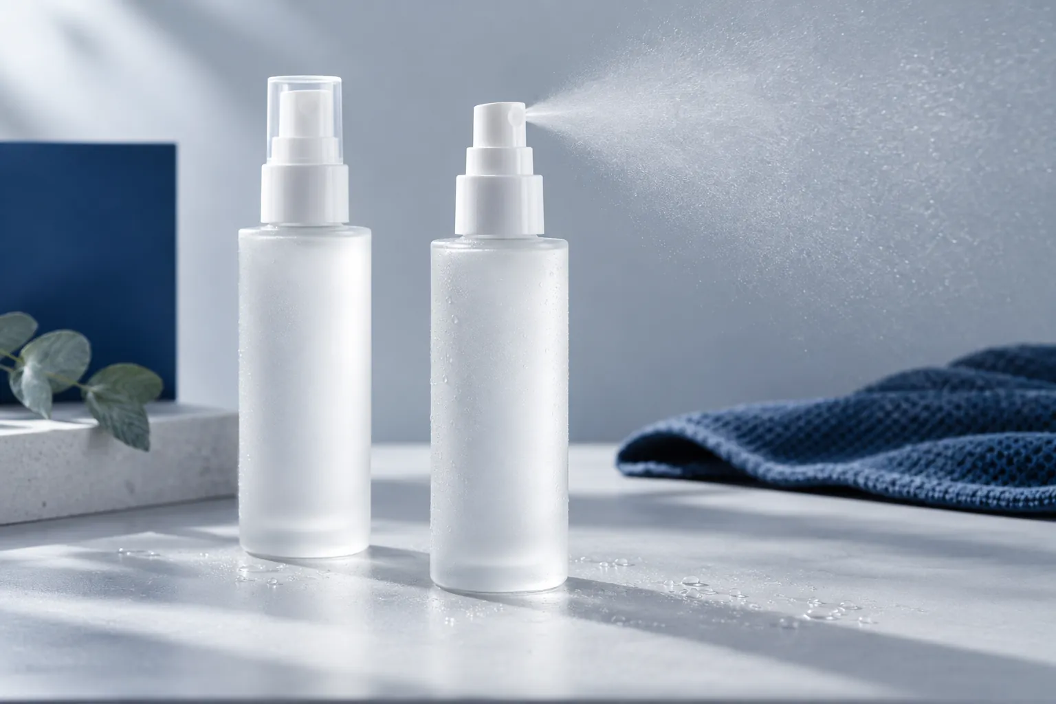 Illustration of two blank frosted glass body mist bottles with one releasing a fine spray against a pale grey background