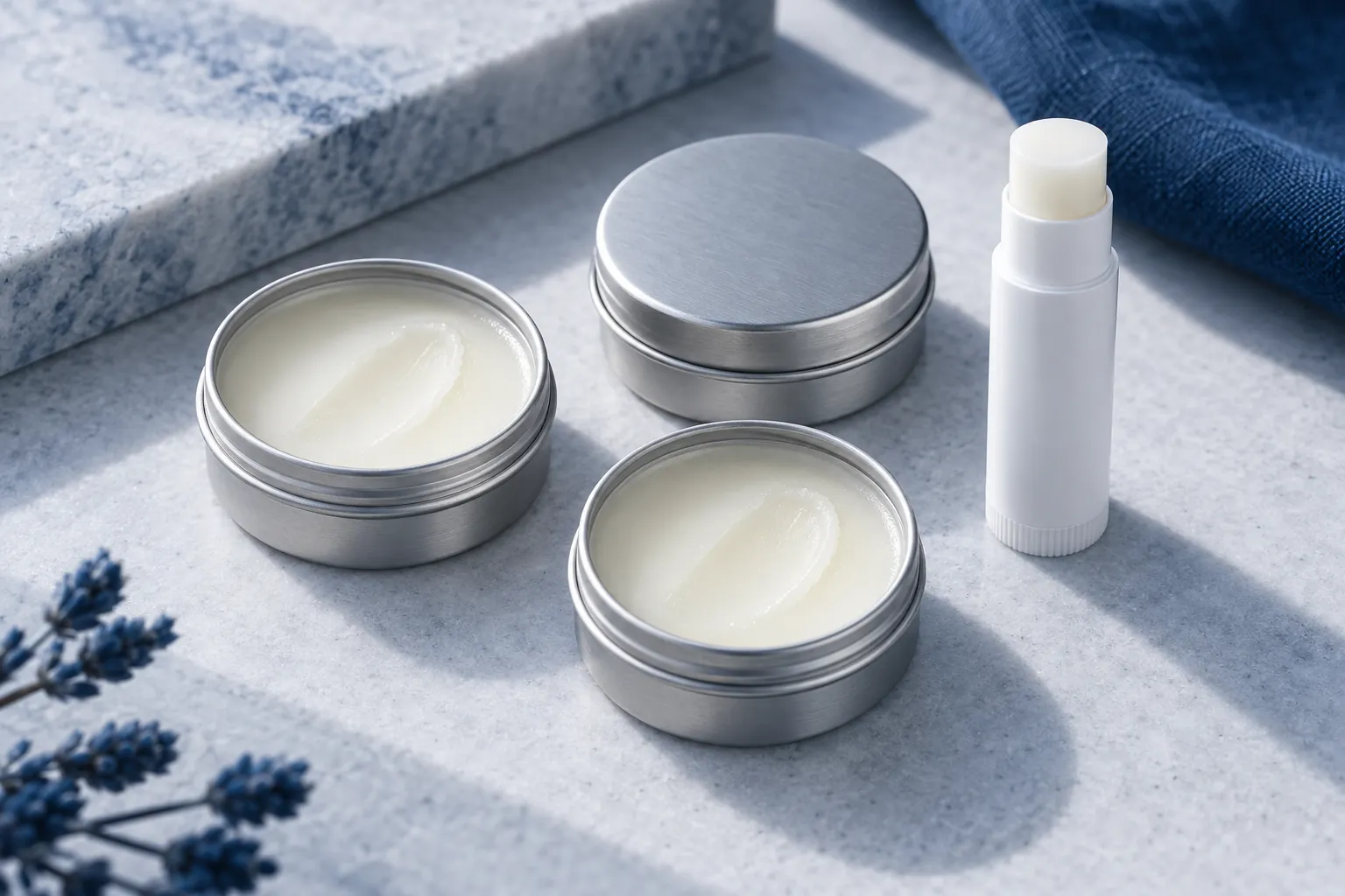 Illustration of open blank metal tins of solid perfume balm and a small wax stick on pale grey stone