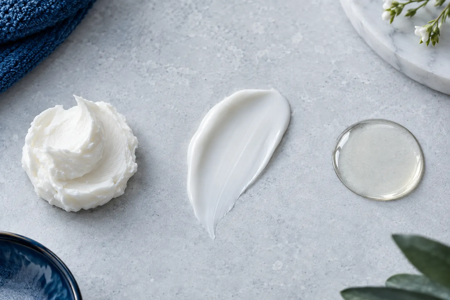 Illustration of a whipped body butter peak, a white lotion smear and a clear oil drop on light grey stone