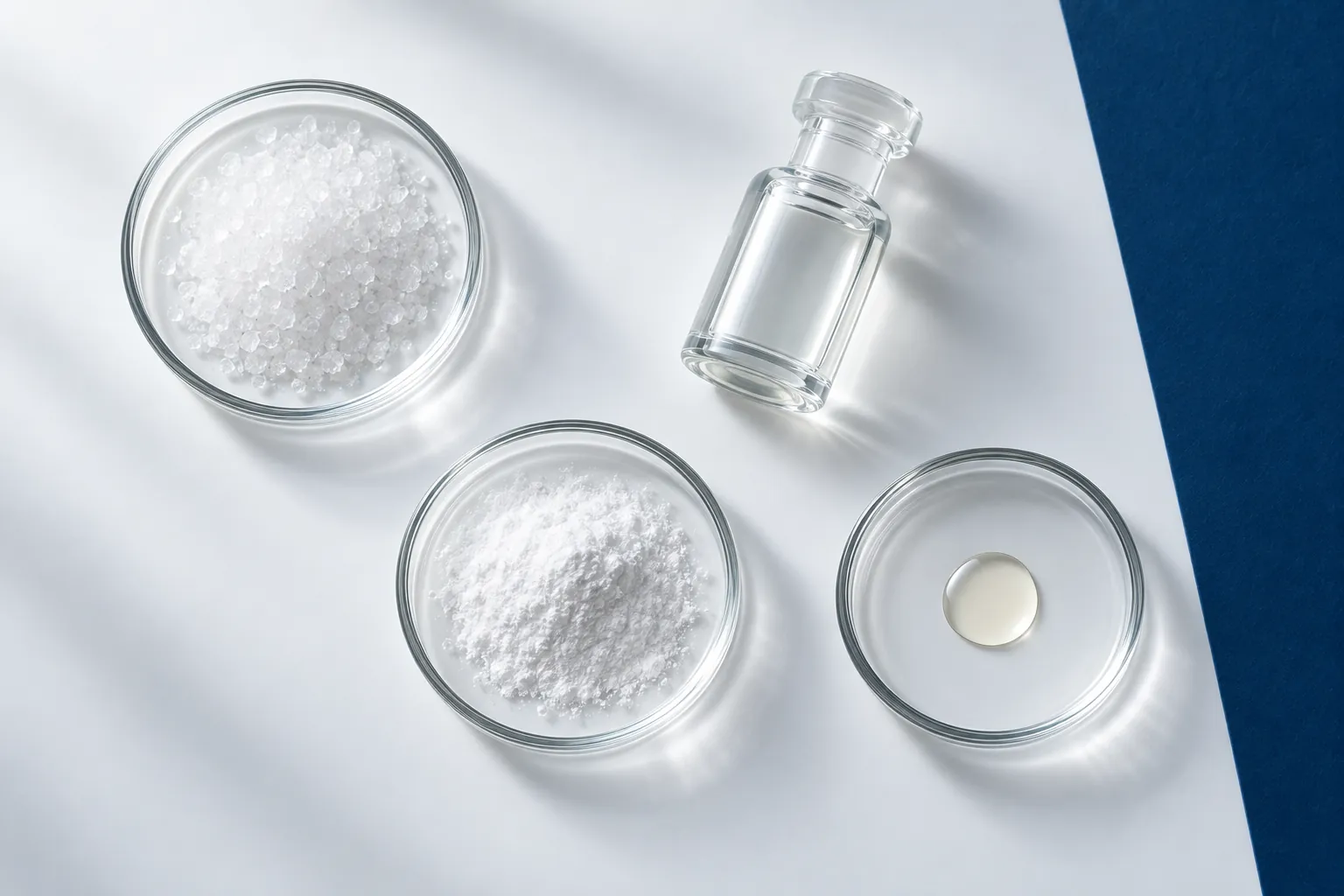 Illustration of raw cosmetic actives in small glass dishes on a white surface: crystals, fine powder, clear liquid and pale oil