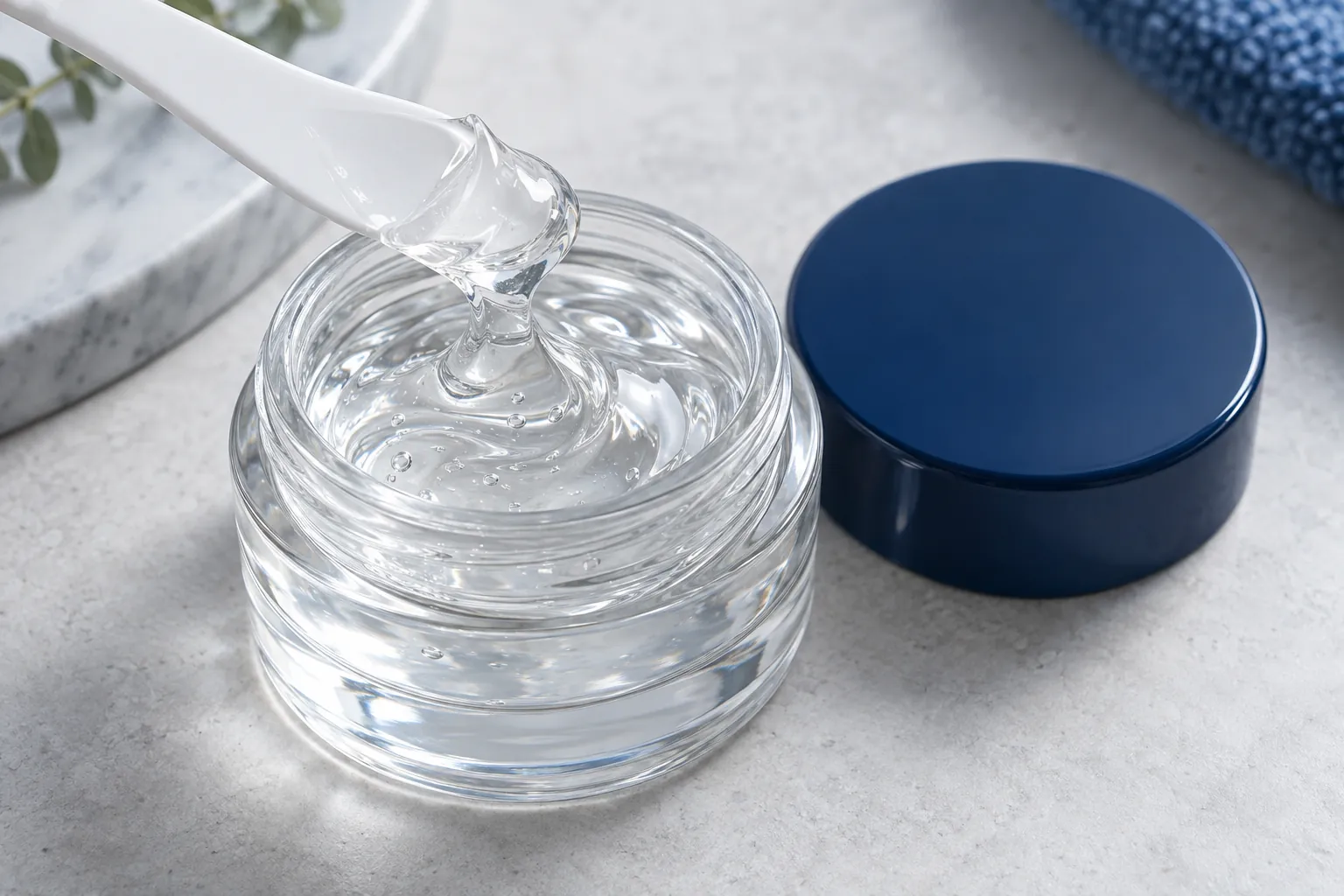 Illustration of an open blank jar of clear glossy oil gel with a small spatula lifting a soft peak of the gel