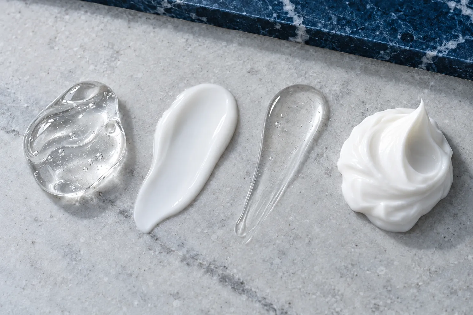 Illustration of body care texture swatches on light grey stone: clear jelly, thin white milk, clear serum and thick cream