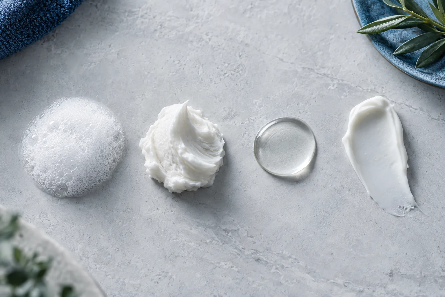 Illustration of body wash lather, whipped body butter, a clear oil drop and cream deodorant swatches on light grey stone
