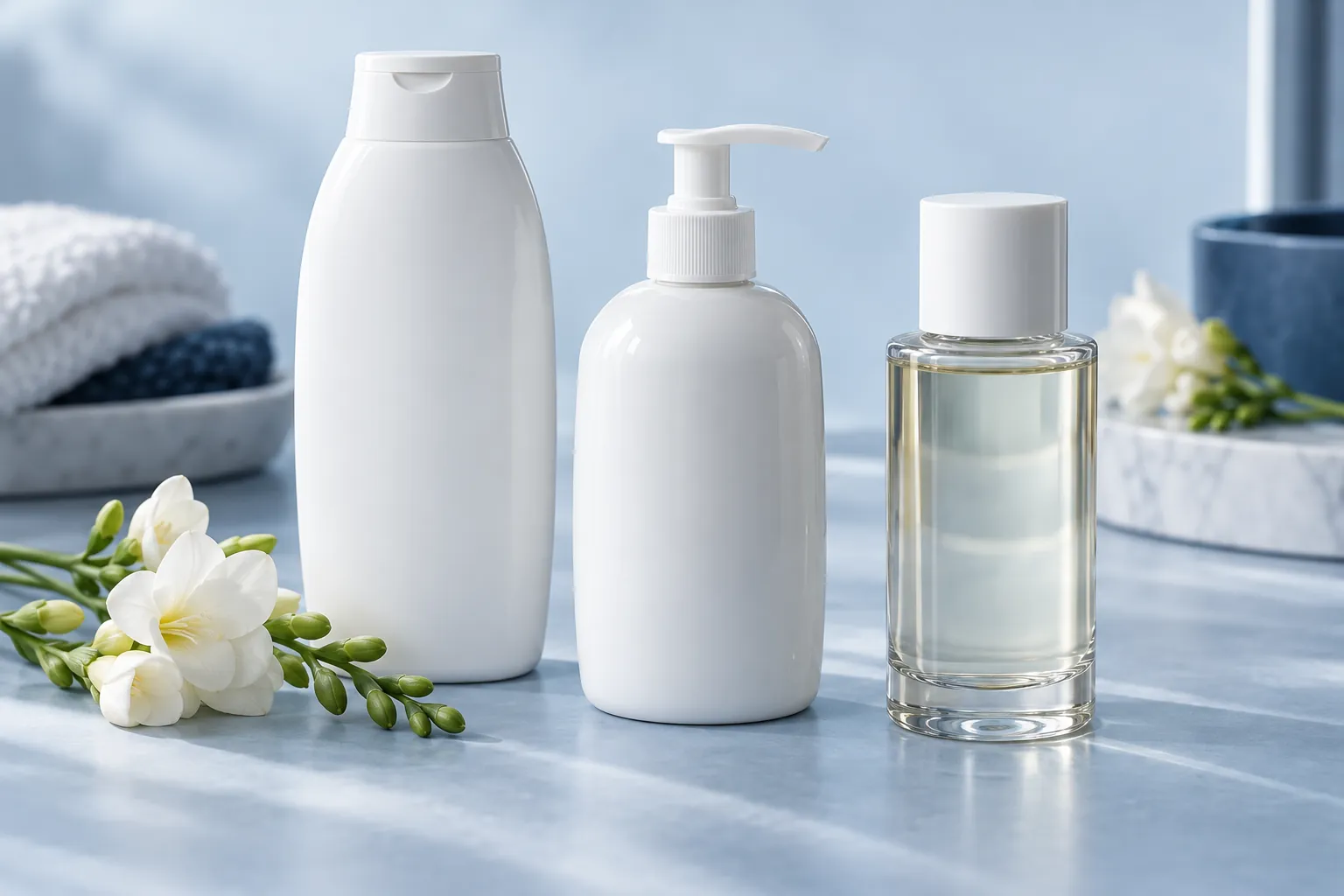 Illustration of a blank body wash, body lotion and body oil bottle beside white flowers on a pale blue surface