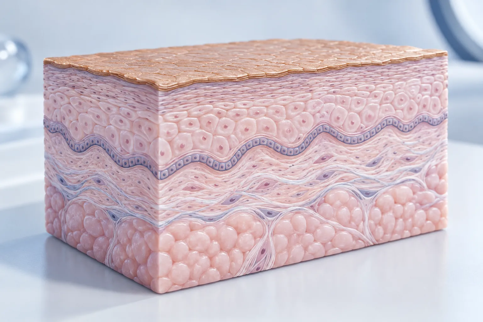 Illustration of a skin cross-section where only the thin outermost layer of cells carries a soft bronze color