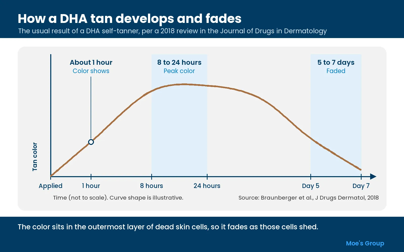 Timeline chart of a DHA tan: visible within an hour, peaking at 8 to 24 hours, faded by day 7