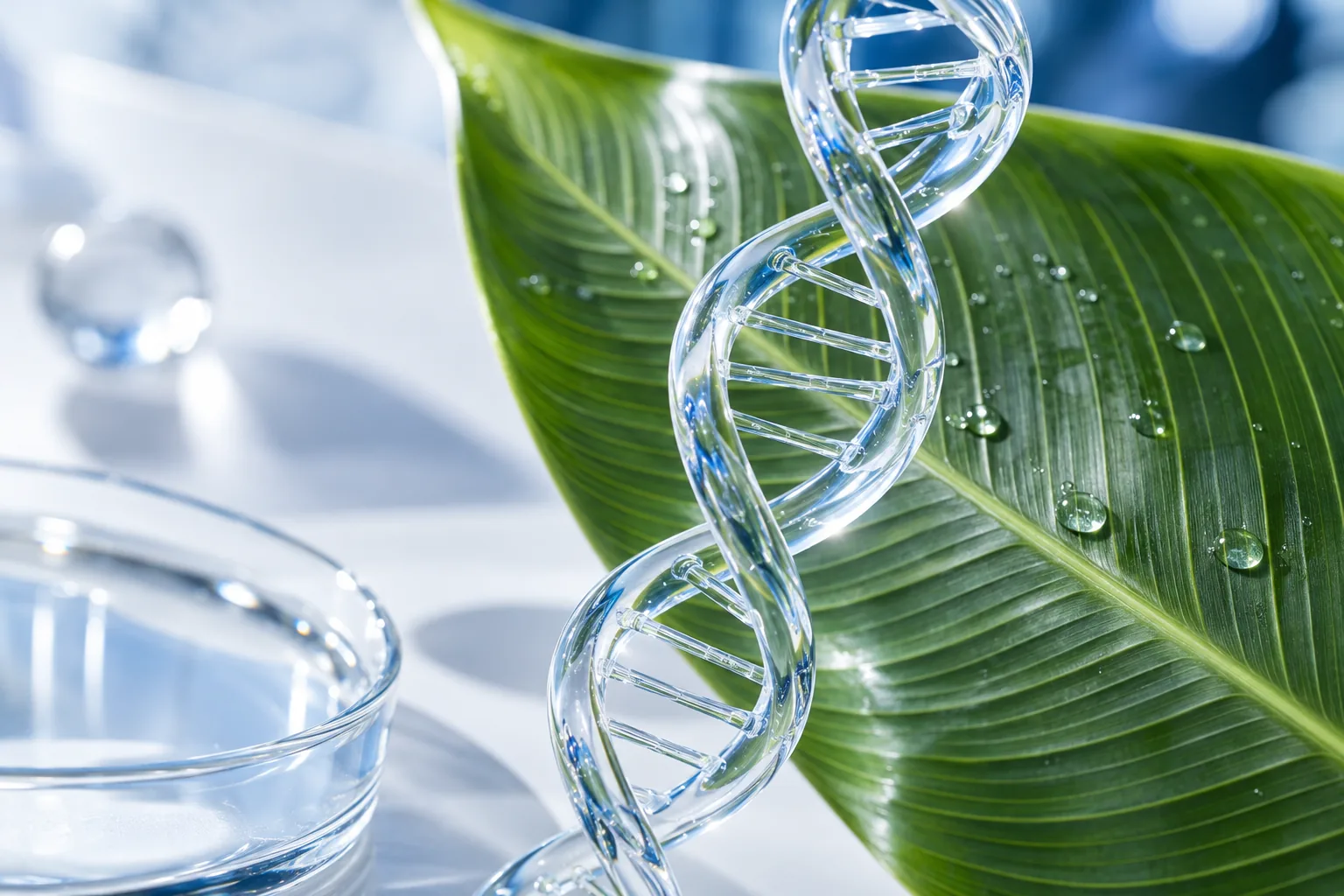 Illustration of a clear glass DNA double helix in front of a green banana leaf with water droplets