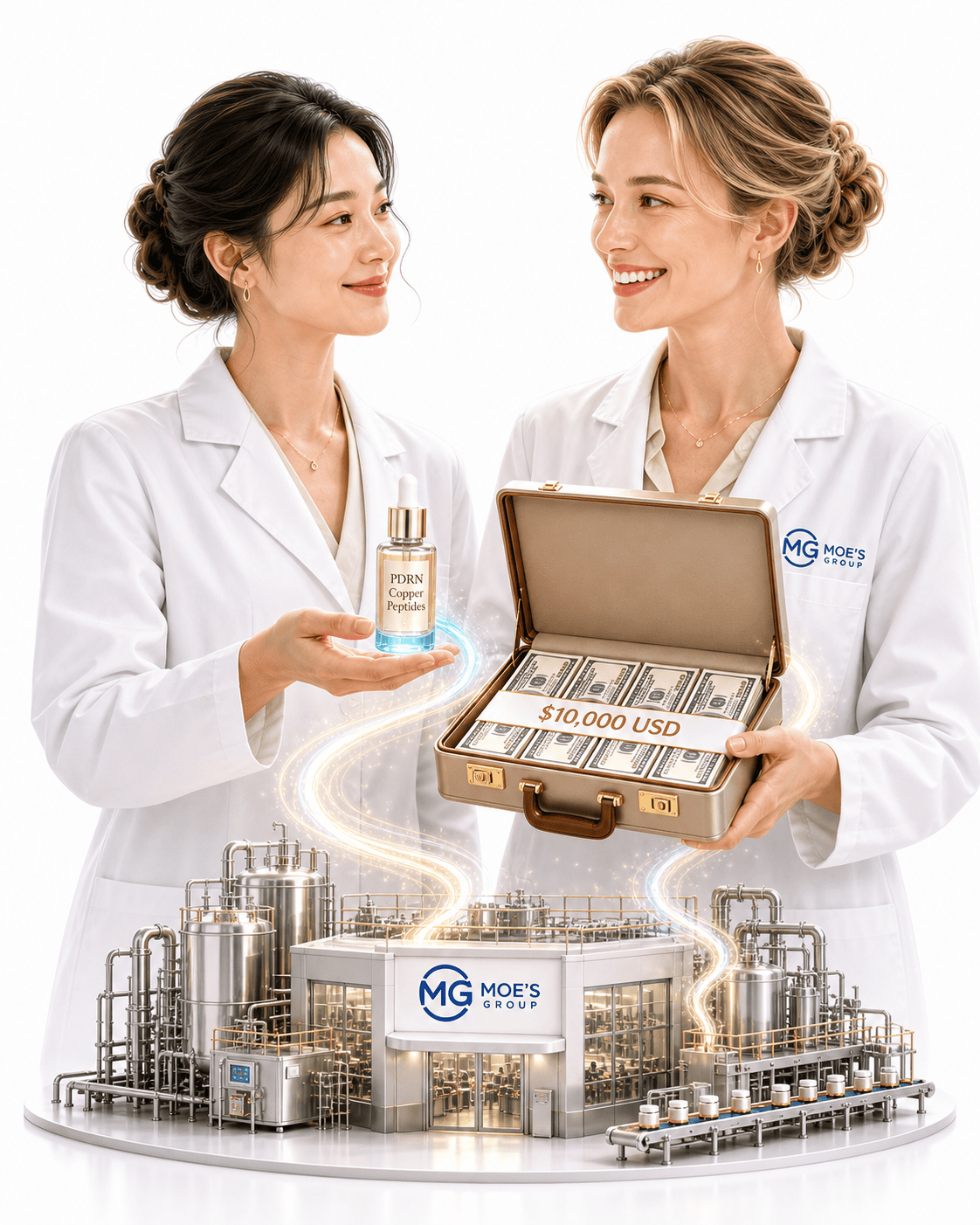 Moe's Group chemists presenting formulas above the manufacturing facility