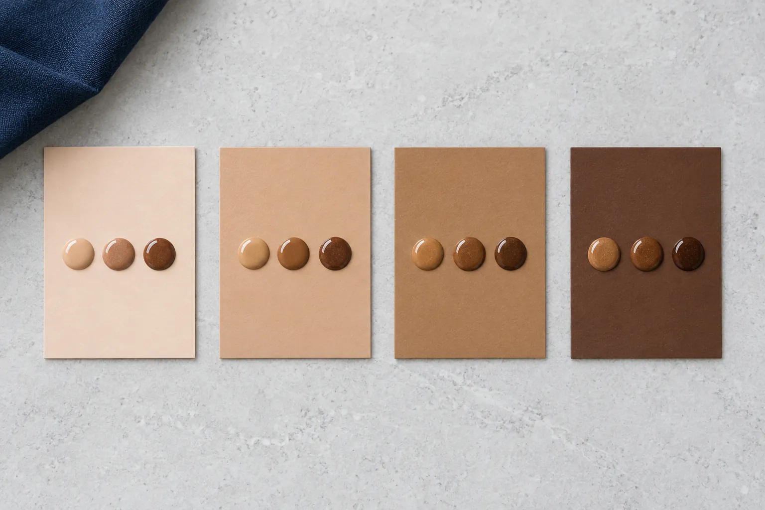Illustration of four skin-tone sample cards, each showing a light, medium and dark bronze swatch side by side