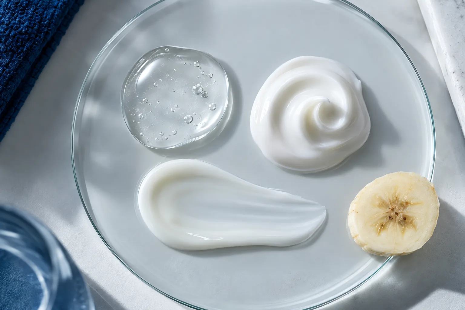 Illustration of a clear gel serum, a white cream swirl and a lotion smear beside a banana slice