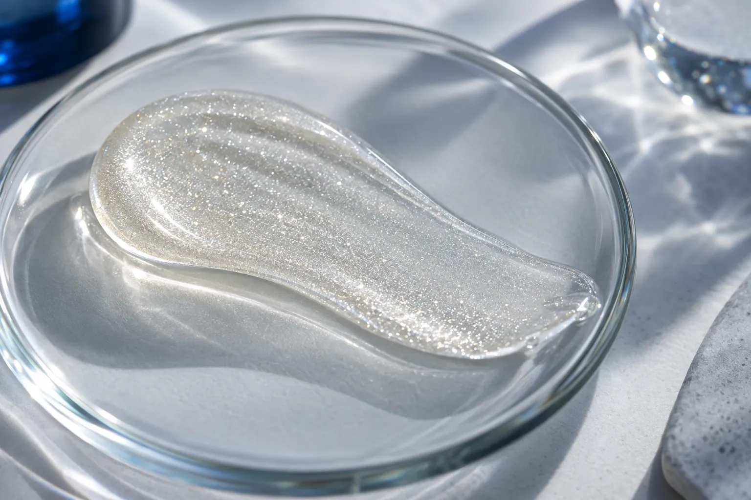 Illustration of a swatch of shimmering body oil on a clear glass plate, with fine light-catching pigment in the oil