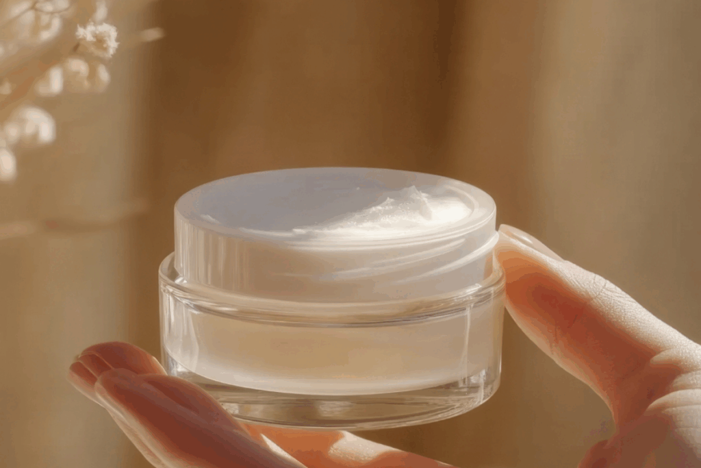 A lady holding a facial cream, one of the skincare wholesale products available today.