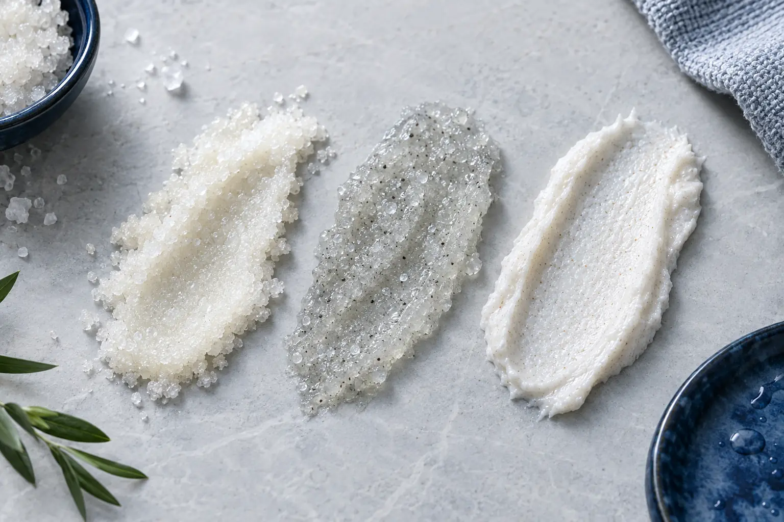 Illustration of three body scrub swatches on light grey stone: coarse sugar scrub, salt scrub and a fine white body polish
