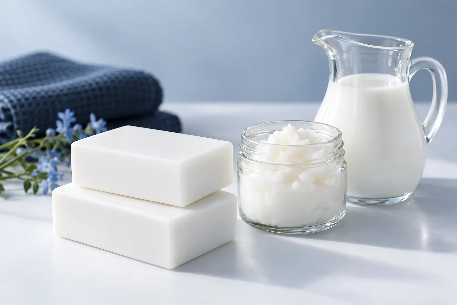 Illustration of two bright white soap bars beside a glass jar of tallow and a jug of milk on a white surface