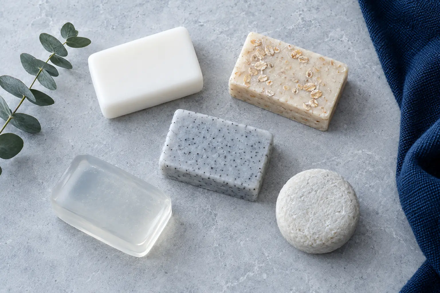 Illustration of unbranded soap bars: white goat milk, oatmeal, pale grey exfoliating, clear glycerin and a round shampoo bar