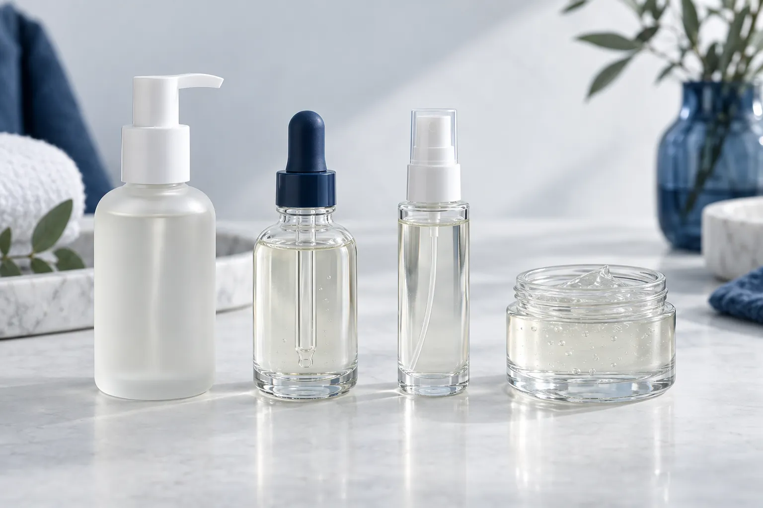 Illustration of blank body oil packaging: a pump bottle, a glass dropper bottle, a fine mist sprayer and a short open jar