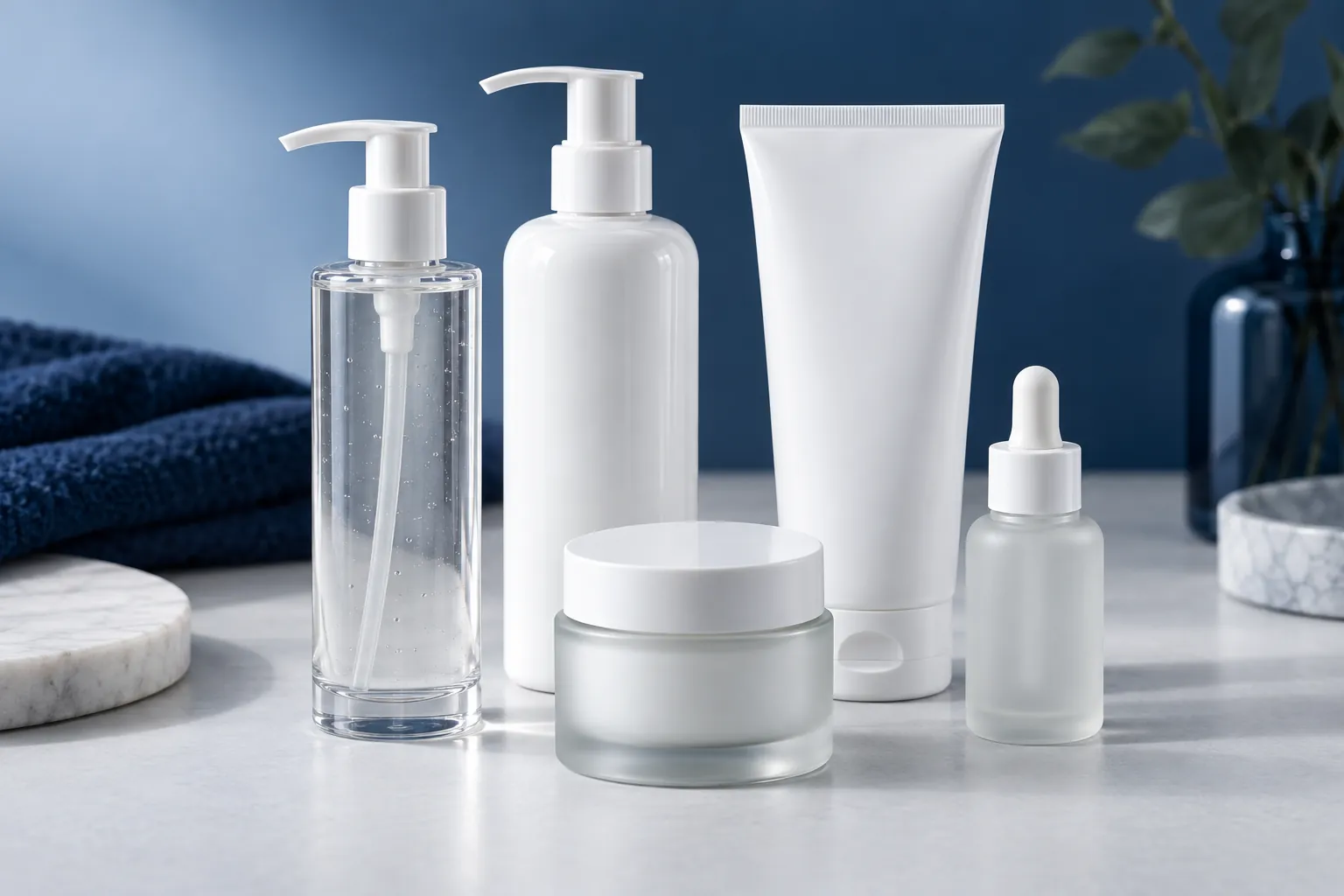 Illustration of blank body care packs: tall clear pump bottle, opaque pump bottle, squeeze tube, jar and dropper bottle