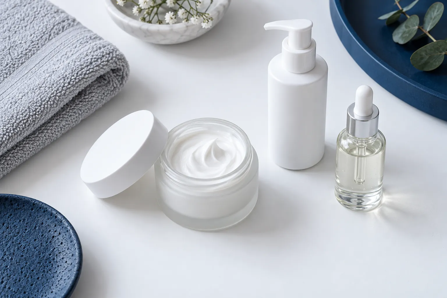 Illustration of blank hand and foot care packaging: an open cream jar, a pump bottle and a dropper bottle