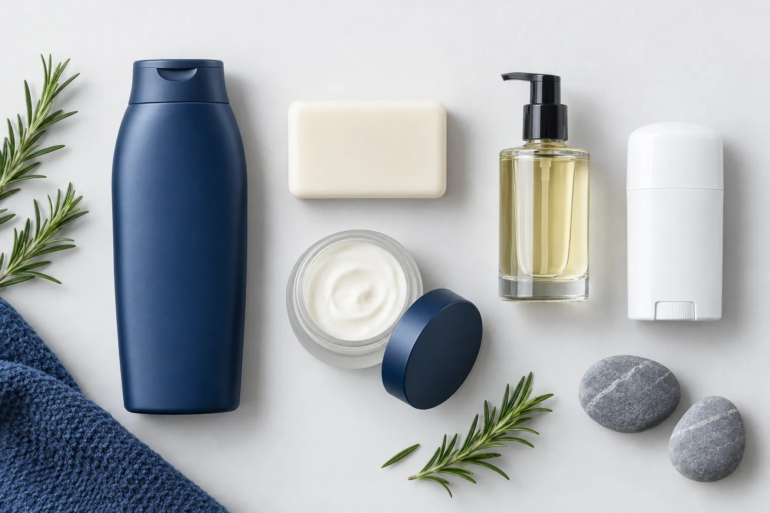 Illustration of blank men's body care packaging: body wash bottle, unwrapped soap bar, butter jar, oil bottle and deodorant stick