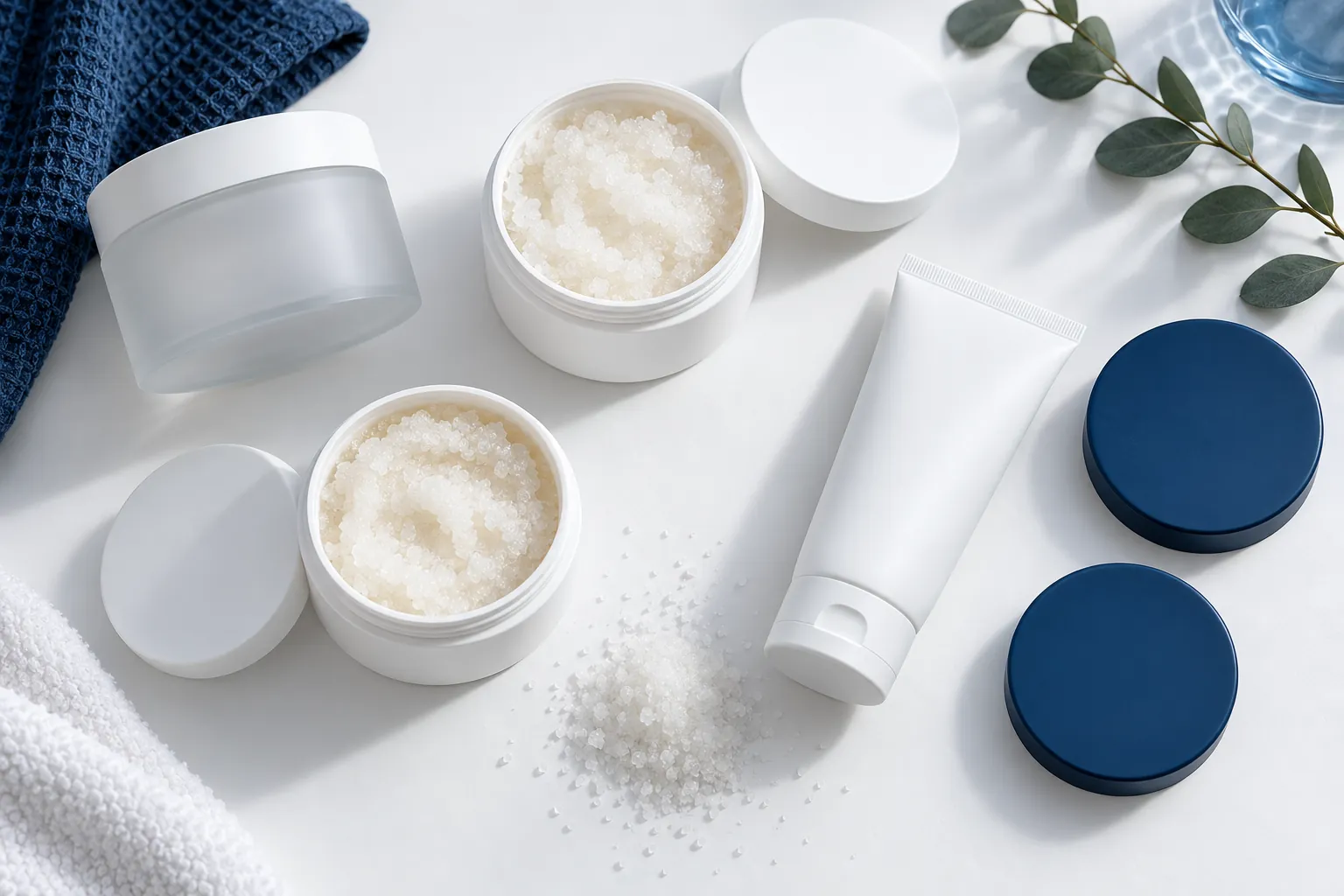 Illustration of blank wide-mouth scrub jars, a frosted tub, a squeeze tube and loose lids on a white surface