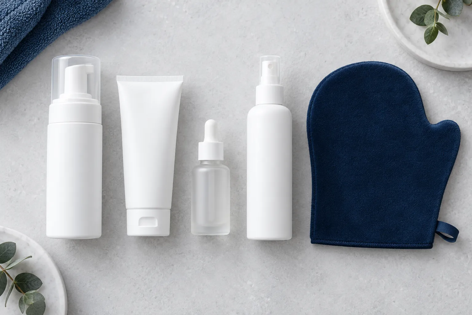 Illustration of blank self-tanner packaging: foaming pump bottle, lotion tube, dropper bottle, mist sprayer and tanning mitt