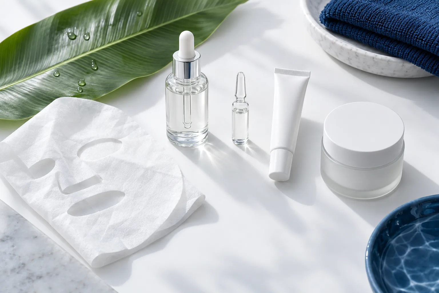 Illustration of blank skincare packaging: dropper bottle, glass ampoule, white tube, frosted cream jar and a sheet mask