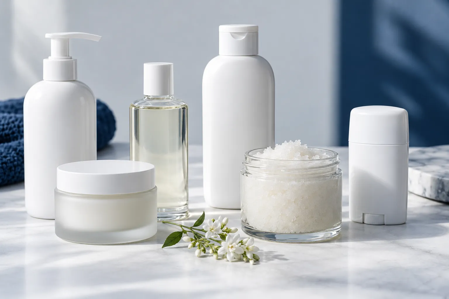 Illustration of blank body care packaging: pump lotion bottle, butter jar, oil bottle, wash bottle, scrub jar and deodorant stick