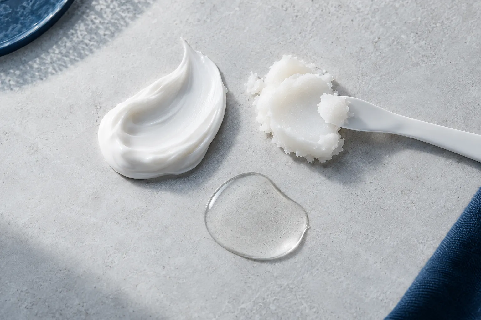 Illustration of three swatches on light grey stone: thick white foot cream, a waxy balm and an oil drop