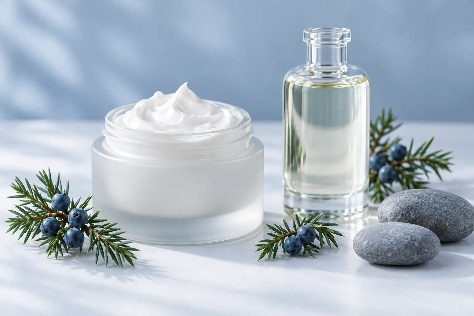 Illustration of whipped white body butter in an open blank jar beside a clear oil bottle, juniper sprigs and grey stones