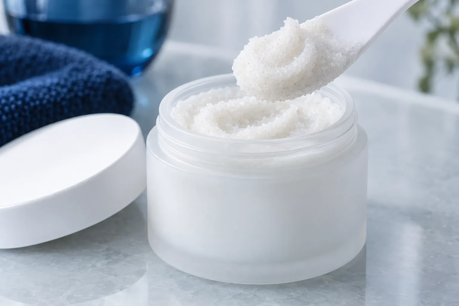 Illustration of a whipped fine-grit body polish swirl on a white spatula above an open blank jar